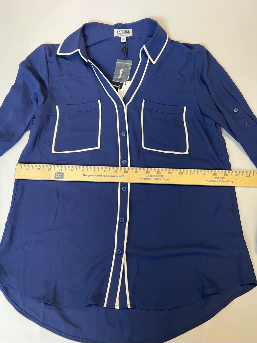 Express - NWT- The Portofino Shirt -  Navy Contrast Trim Blouse - Picture 11 of 12
